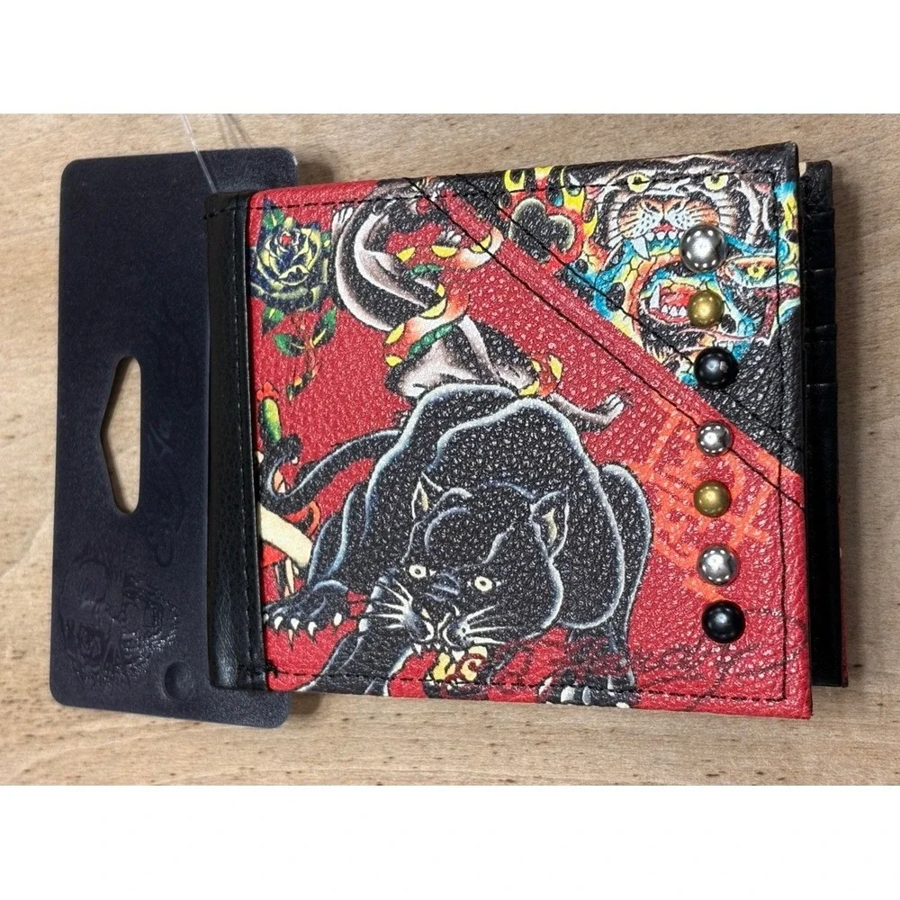 New Ed Hardy Men's Bifold Wallet Red Faux Leather Panther Dragon Heart Tattoo